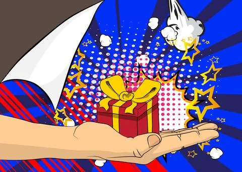 Cartoon, comic book human hands holding Gift Box Retro vector comics pop ar.. Stock-Illustration