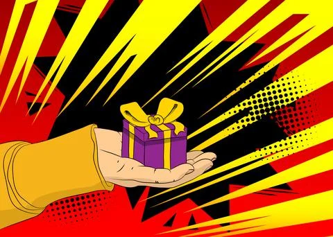 Cartoon, comic book human hands holding Gift Box Retro vector comics pop ar.. Stock-Illustration