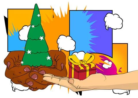 Cartoon, comic book human hands holding Gift Box and Christmas decorated pi.. Illustrazione stock