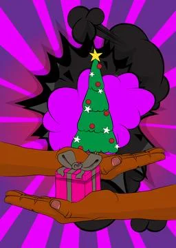 Cartoon, comic book human hands holding Gift Box and Christmas decorated pi.. 스톡 일러스트