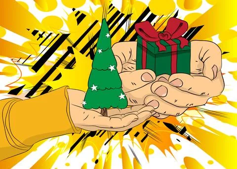 Cartoon, comic book human hands holding Gift Box and Christmas decorated pi.. Stock Illustration