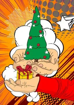 Cartoon, comic book human hands holding Gift Box and Christmas decorated pi.. Stock Illustration