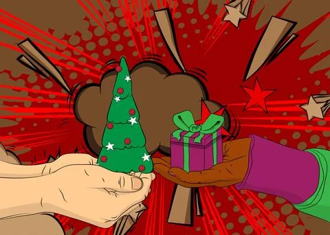 Cartoon, comic book human hands holding Gift Box and Christmas decorated pi.. Illustrazione stock