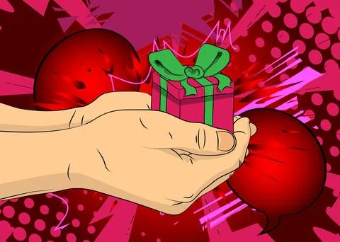 Cartoon, comic book human hands holding Gift Box. Retro vector comics pop a.. Stock-Illustration