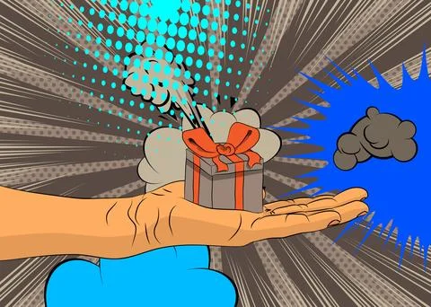 Cartoon, comic book human hands holding Gift Box. Retro vector comics pop a.. Stock-Illustration