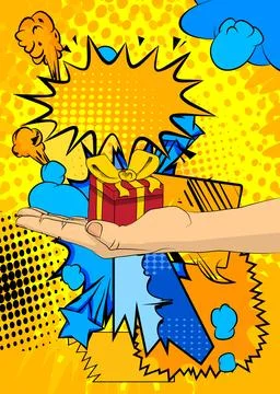 Cartoon, comic book human hands holding Gift Box. Retro vector comics pop a.. Stock-Illustration