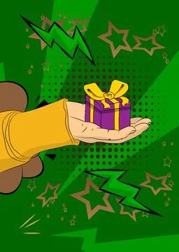 Cartoon, comic book human hands holding Gift Box. Retro vector comics pop a.. Stock-Illustration