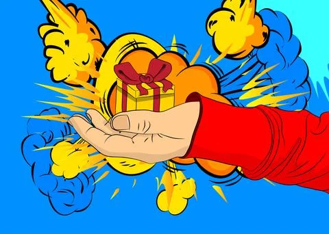 Cartoon, comic book human hands holding Gift Box. Retro vector comics pop a.. Stock-Illustration