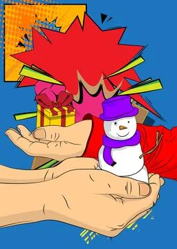 Cartoon, comic book human hands holding Gift Box and Snowman. Retro vector .. Illustrazione stock