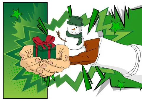 Cartoon, comic book human hands holding Gift Box and Snowman. Retro vector .. Stock Illustration
