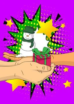 Cartoon, comic book human hands holding Gift Box and Snowman. Retro vector .. Illustrazione stock