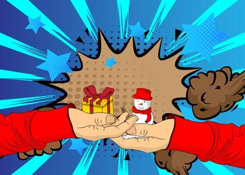 Cartoon, comic book human hands holding Gift Box and Snowman. Retro vector .. Stock Illustration