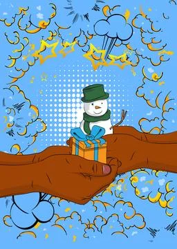 Cartoon, comic book human hands holding Gift Box and Snowman. Retro vector .. Stock Illustration