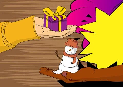 Cartoon, comic book human hands holding Gift Box and Snowman. Retro vector .. 스톡 일러스트