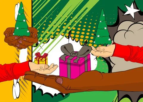 Cartoon, comic book human hands holding Gift Box and Christmas decorated pi.. 스톡 일러스트