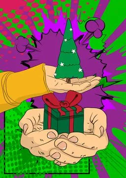 Cartoon, comic book human hands holding Gift Box and Christmas decorated pi.. Illustrazione stock