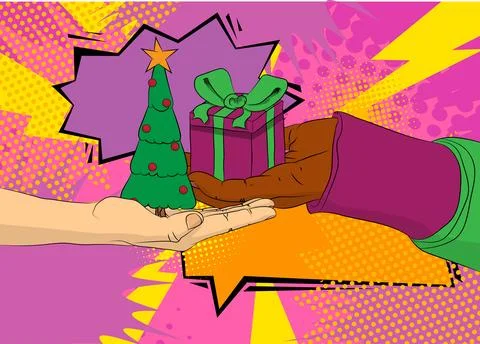 Cartoon, comic book human hands holding Gift Box and Christmas decorated pi.. 스톡 일러스트