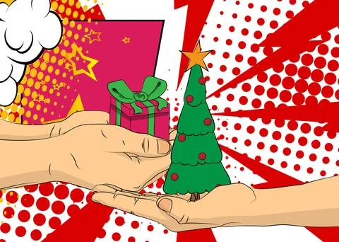 Cartoon, comic book human hands holding Gift Box and Christmas decorated pi.. 스톡 일러스트
