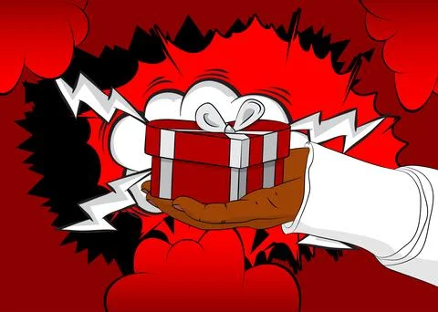 Cartoon, comic book human hands holding Valentine day gift box. Retro vecto.. 스톡 일러스트