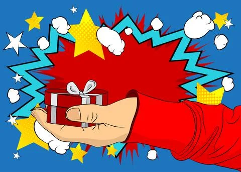 Cartoon, comic book human hands holding Valentine day gift box. Retro vecto.. Stock Illustration