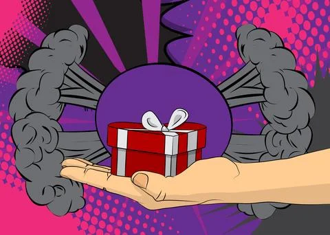 Cartoon, comic book human hands holding Valentine day gift box. Retro vecto.. Illustrazione stock