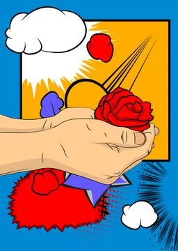 Cartoon, comic book human hands holding Red Rose. Retro vector comics pop a.. Stock Illustration