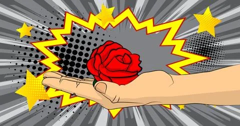Cartoon, comic book human hands holding Red Rose. Retro vector comics pop a.. Stock Illustration
