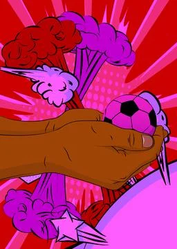 Cartoon, comic book human hands holding Soccer Ball. Retro vector comics po.. Stock-Illustration