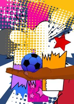 Cartoon, comic book human hands holding Soccer Ball. Retro vector comics po.. Stock-Illustration