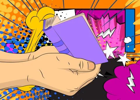 Cartoon, comic book human hands holding Book. Retro vector comics pop art d.. Stock Illustration
