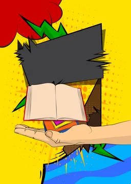 Cartoon, comic book human hands holding Book. Retro vector comics pop art d.. Stock Illustration