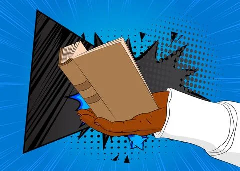 Cartoon, comic book human hands holding Book. Retro vector comics pop art d.. Stock Illustration