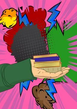 Cartoon, comic book human hands holding Book. Retro vector comics pop art d.. Stock Illustration