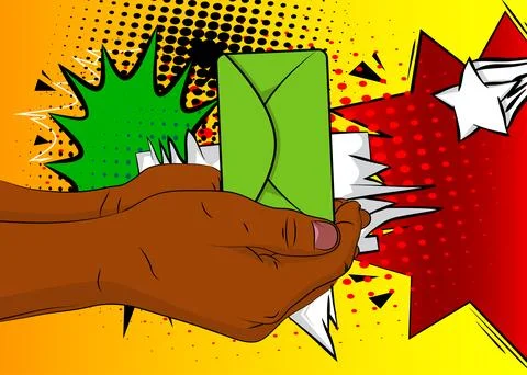 Cartoon, comic book human hands holding Letter Envelope. Retro vector comic.. Illustrazione stock