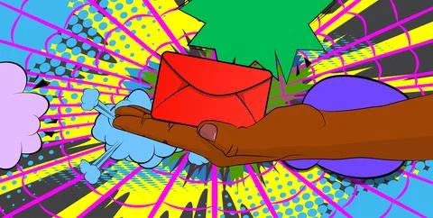 Cartoon, comic book human hands holding Letter Envelope. Retro vector comic.. Illustrazione stock
