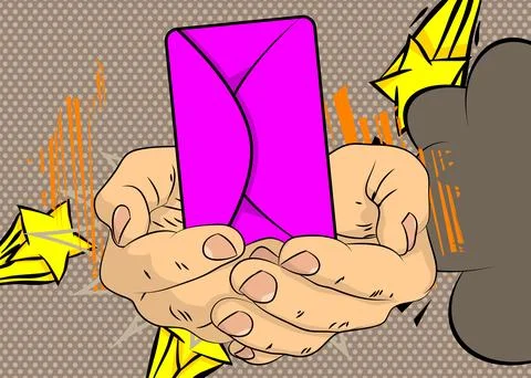 Cartoon, comic book human hands holding Letter Envelope. Retro vector comic.. 스톡 일러스트