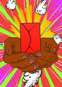 Cartoon, comic book human hands holding Letter Envelope. Retro vector comic.. Stock-Illustration