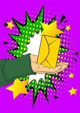 Cartoon, comic book human hands holding Letter Envelope. Retro vector comic.. Illustrazione stock