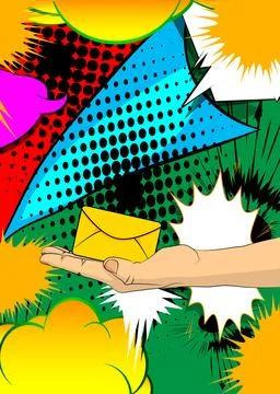 Cartoon, comic book human hands holding Letter Envelope. Retro vector comic.. Stock-Illustration
