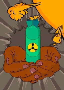 Cartoon, comic book human hands holding Missile bomb. Retro vector comics p.. Stock Illustration