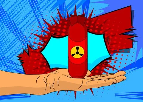 Cartoon, comic book human hands holding Missile bomb. Retro vector comics p.. Stock Illustration