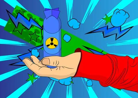 Cartoon, comic book human hands holding Missile bomb. Retro vector comics p.. Stock Illustration