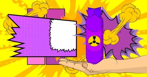 Cartoon, comic book human hands holding Missile bomb. Retro vector comics p.. Stock Illustration