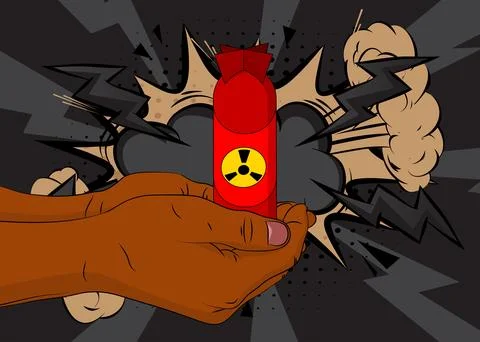 Cartoon, comic book human hands holding Missile bomb. Retro vector comics p.. Stock Illustration