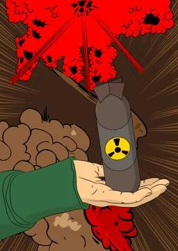 Cartoon, comic book human hands holding Missile bomb. Retro vector comics p.. Stock Illustration