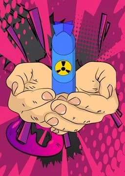 Cartoon, comic book human hands holding Missile bomb. Retro vector comics p.. Stock Illustration