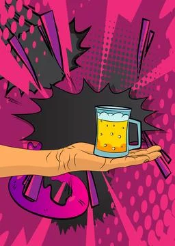Cartoon, comic book human hands holding Beer glass. Retro vector comics pop.. 스톡 일러스트