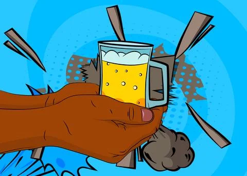 Cartoon, comic book human hands holding Beer glass. Retro vector comics pop.. Stock Illustration