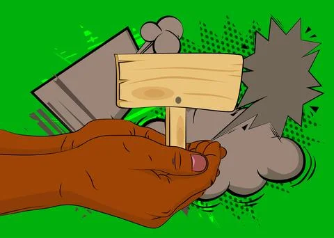 Cartoon, comic book human hands holding wood signboard. Retro vector comics.. Stock Illustration