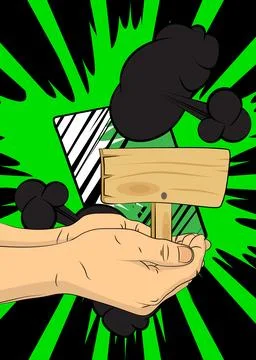 Cartoon, comic book human hands holding wood signboard. Retro vector comics.. Stock Illustration
